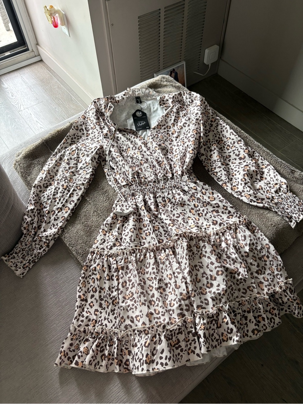 Allegra K Cream Leopard Print Tiered Long-Sleeve Dress